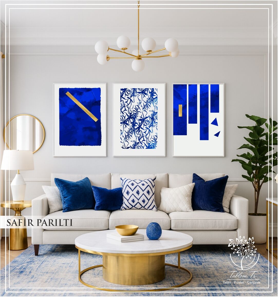 Dijital Baskılı Metal Çerçeveli Camlı Üçlü Dekoratif Tablo - Safir Parıltı
