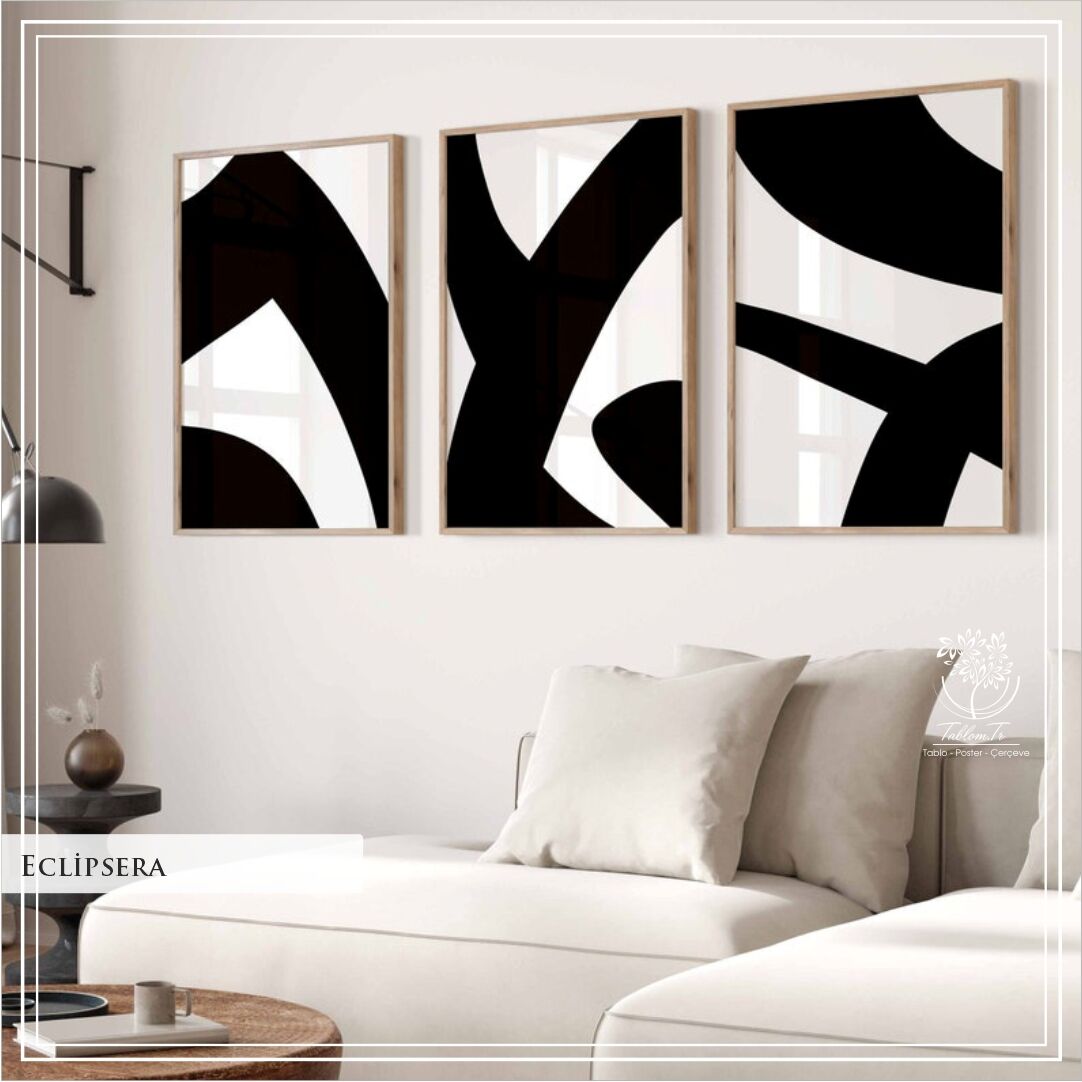 Dijital Baskılı Metal Çerçeveli Camlı Üçlü Dekoratif Tablo - Eclipsera