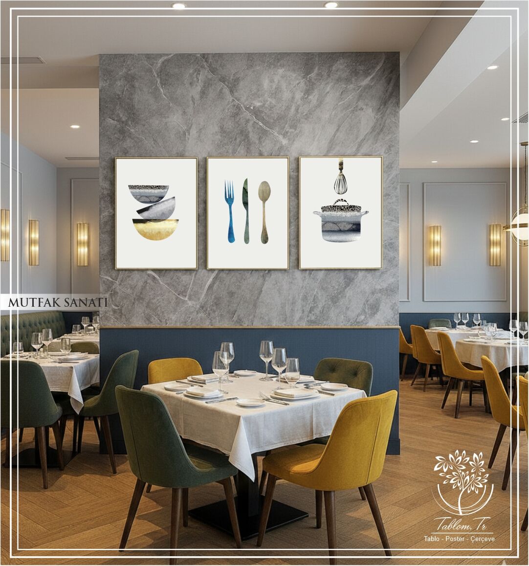 Dijital Baskılı Metal Çerçeveli Camlı Üçlü Dekoratif Tablo - Mutfak Sanatı