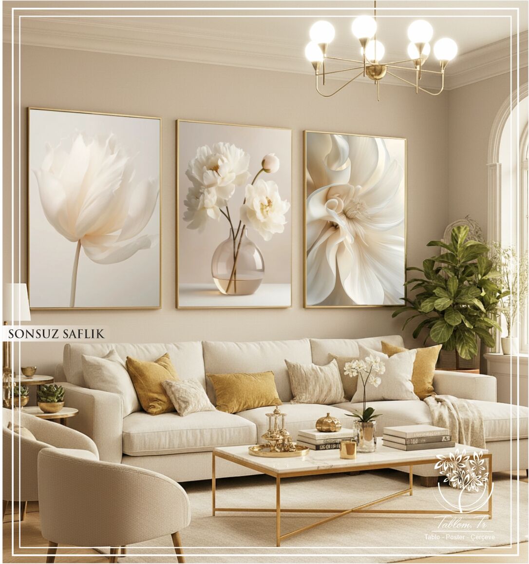 Dijital Baskılı Metal Çerçeveli Camlı Üçlü Dekoratif Tablo - Sonsuz Saflık