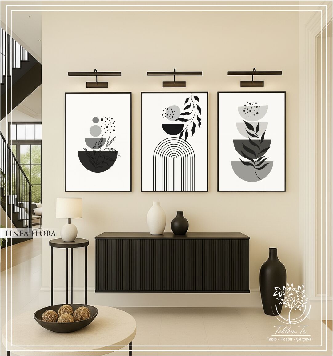 Dijital Baskılı Metal Çerçeveli Camlı Üçlü Dekoratif Tablo - Linea Flora