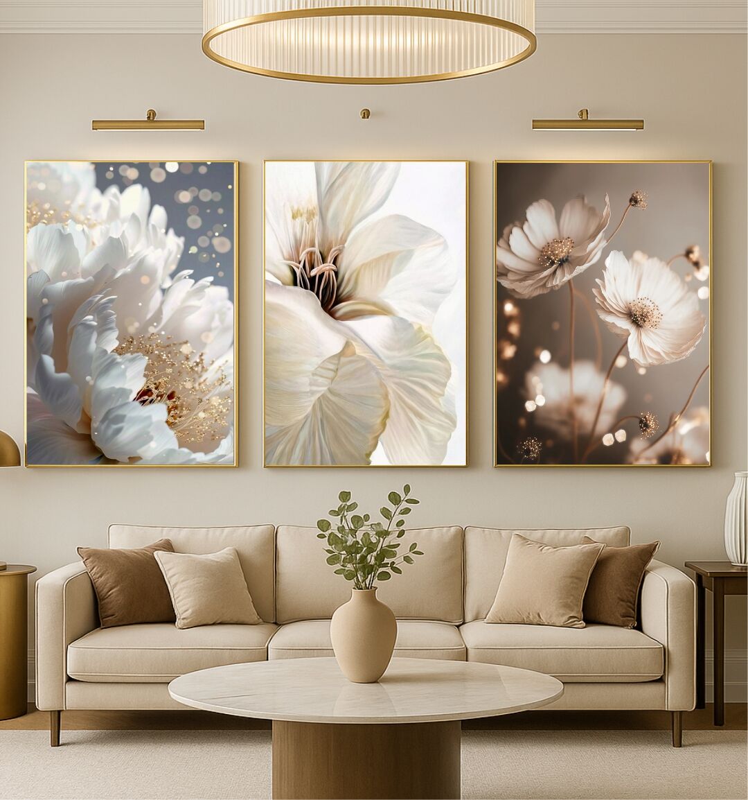 Dijital Baskılı Metal Çerçeveli Camlı Üçlü Dekoratif Tablo - Beyaz Düş