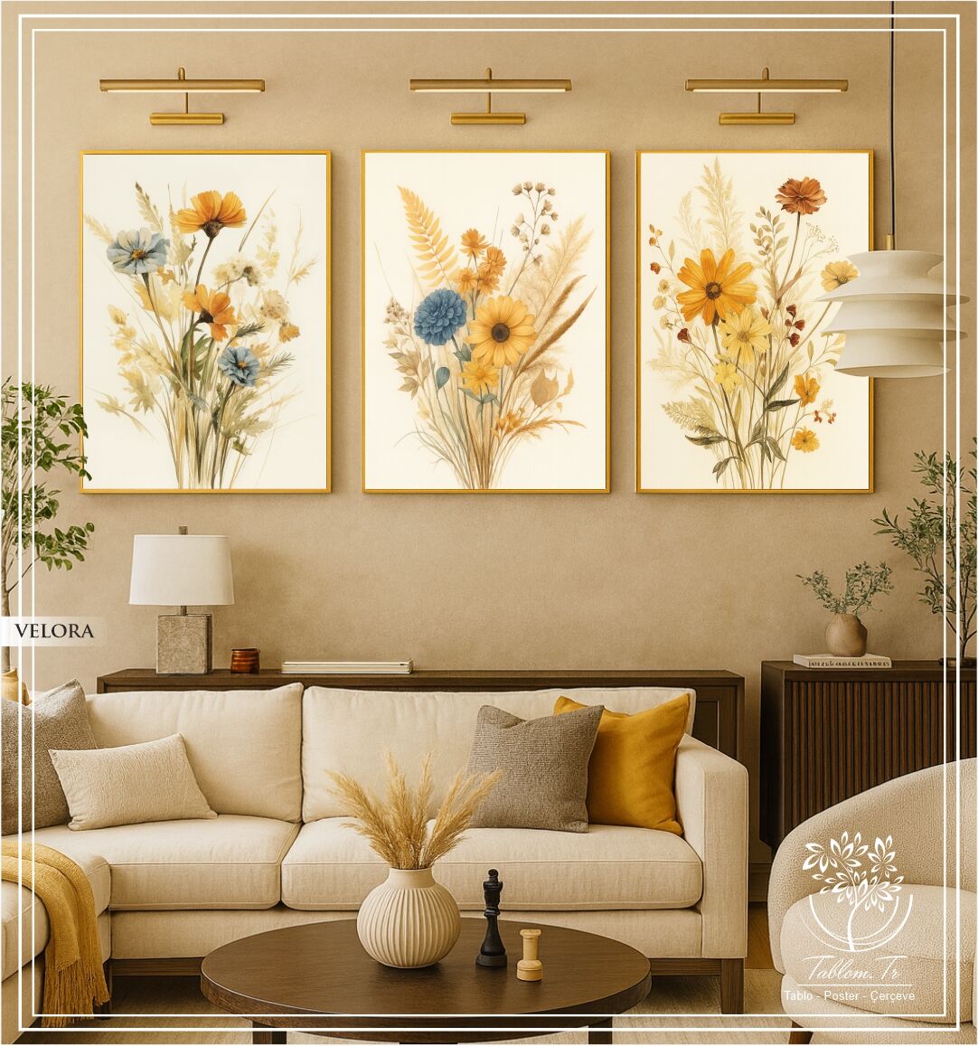 Dijital Baskılı Metal Çerçeveli Camlı Üçlü Dekoratif Tablo - Velora