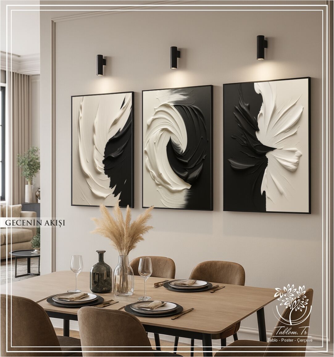 Dijital Baskılı Metal Çerçeveli Camlı Üçlü Dekoratif Tablo - Gecenin Akışı