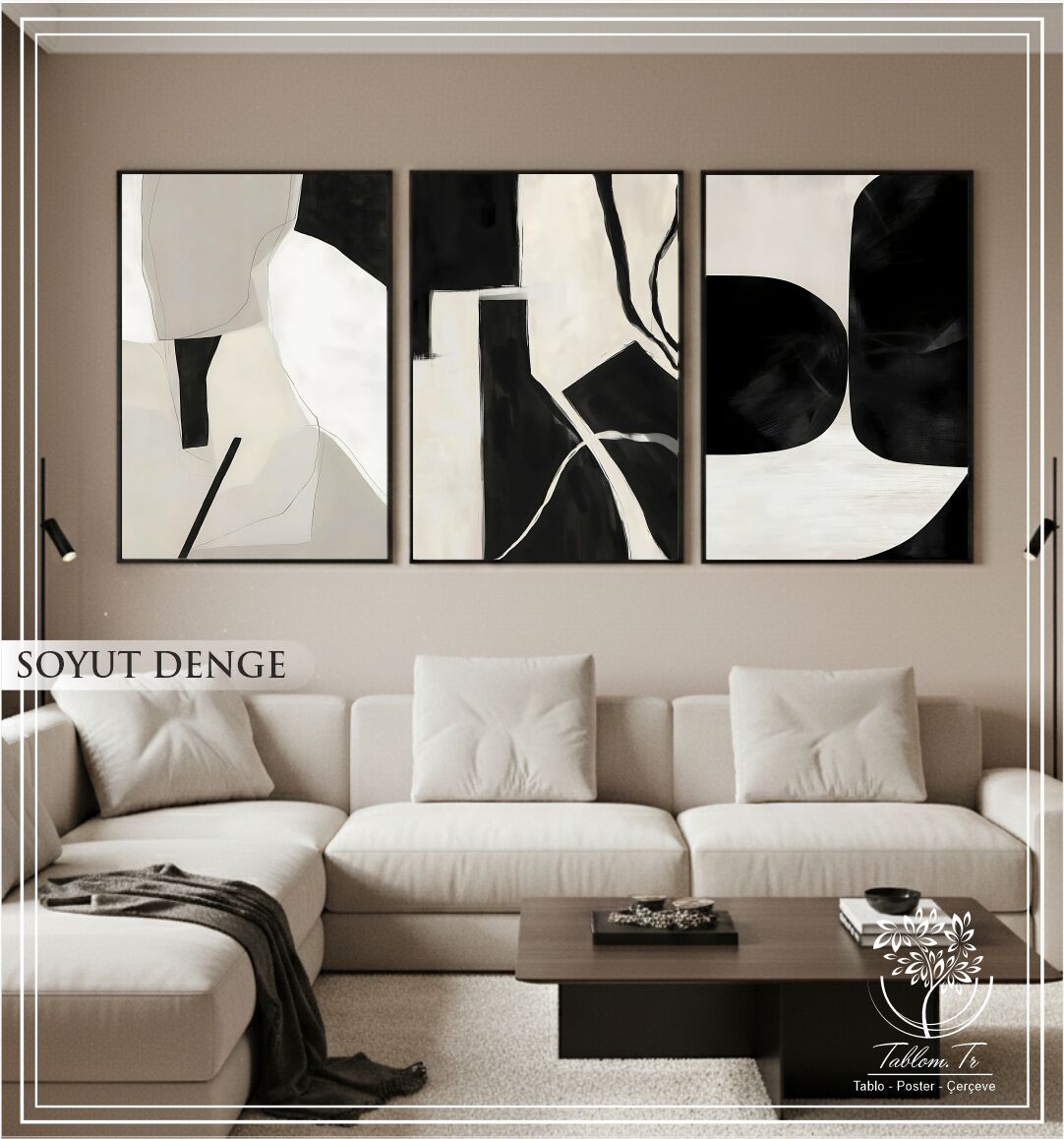 Dijital Baskılı Metal Çerçeveli Camlı Üçlü Dekoratif Tablo - Soyut Denge