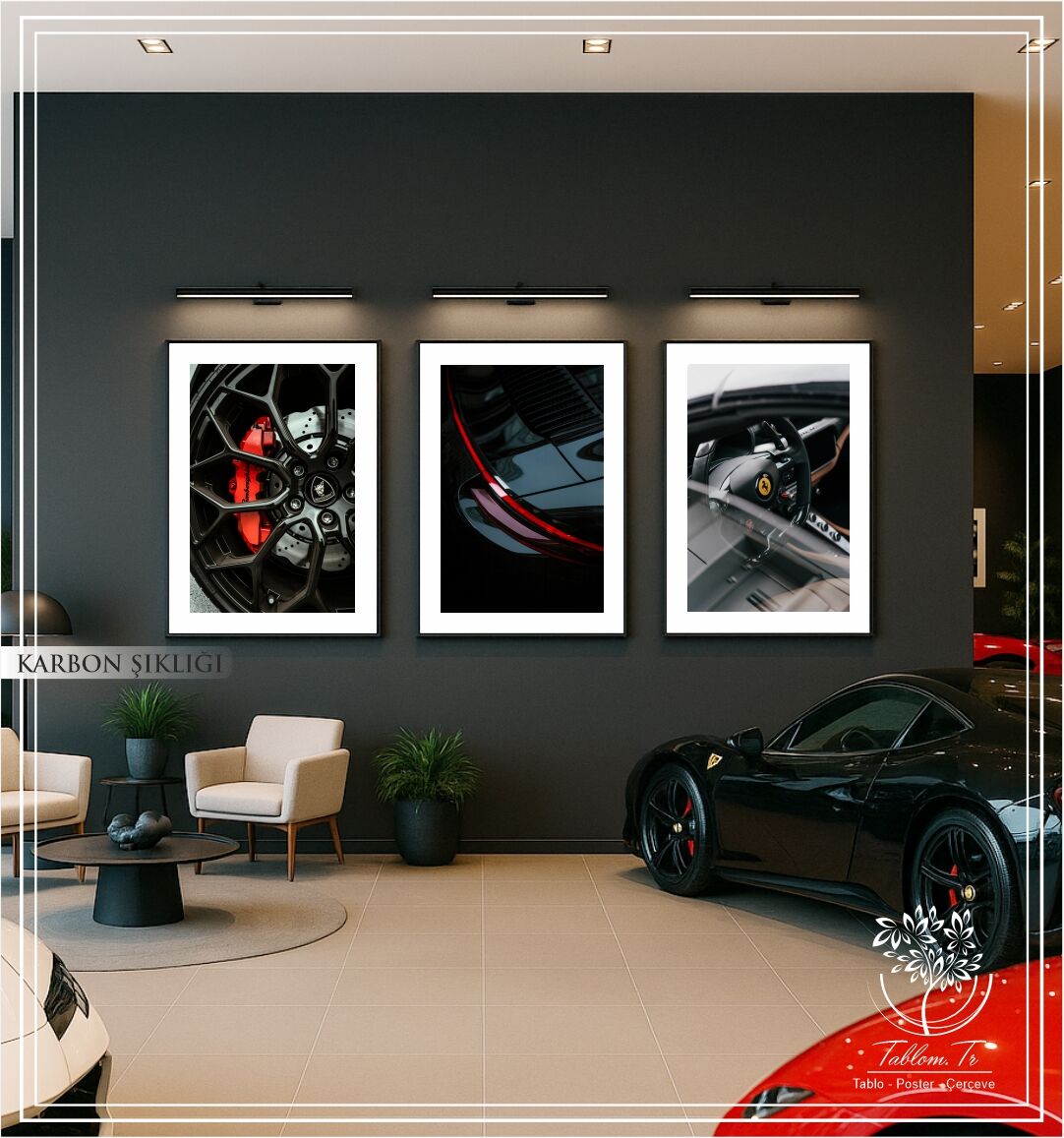 Dijital Baskılı Metal Çerçeveli Camlı Üçlü Dekoratif Tablo - Karbon Şıklığı