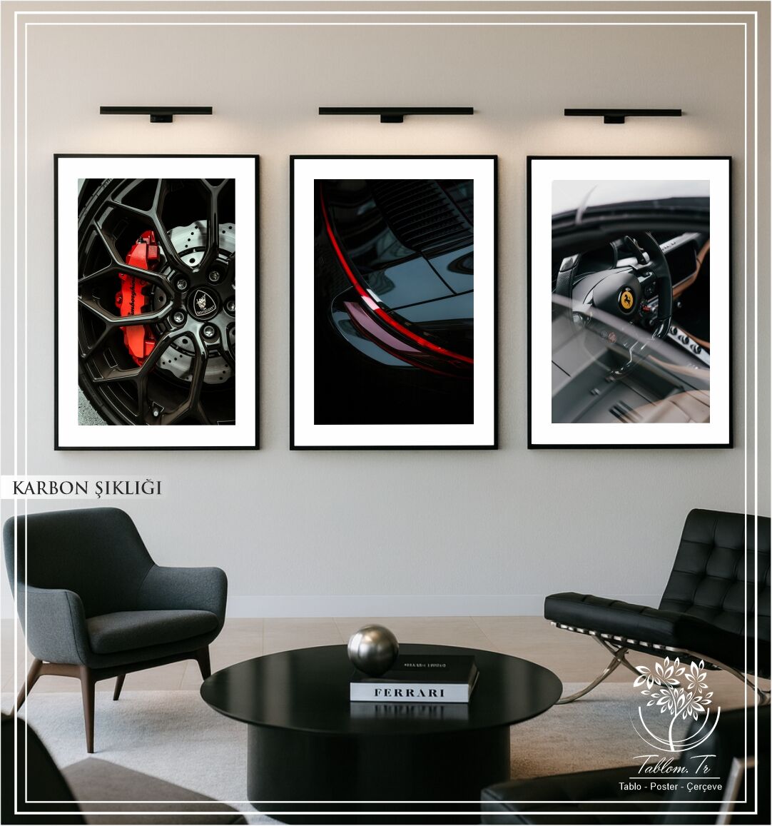 Dijital Baskılı Metal Çerçeveli Camlı Üçlü Dekoratif Tablo - Karbon Şıklığı