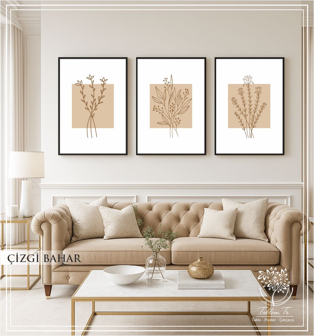 Dijital Baskılı Metal Çerçeveli Camlı Üçlü Dekoratif Tablo - Çizgi Bahar
