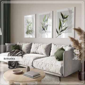 Metal Çerçeveli Camlı Botanika 3'LÜ Dekoratif Tablo Seti