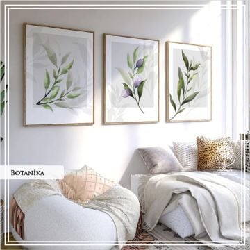 Metal Çerçeveli Camlı Botanica 3'LÜ Dekoratif Tablo Seti