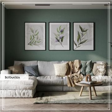 Metal Çerçeveli Camlı Botanika 3'LÜ Dekoratif Tablo Seti