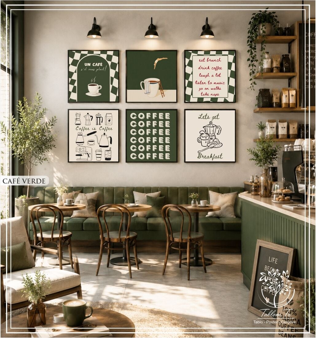 Metal Çerçeveli Camlı 6'Li Dekoratif Tablo Seti - Cafe Verde