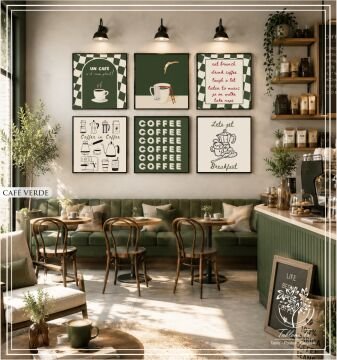 Metal Çerçeveli Camlı 6'Li Dekoratif Tablo Seti - Cafe Verde