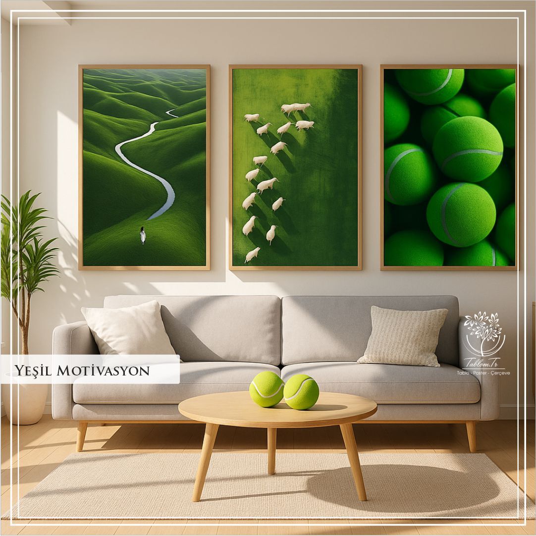 Dijital Baskılı Metal Çerçeveli Camlı 3'lü Dekoratif Tablo - Yeşil Motivasyon
