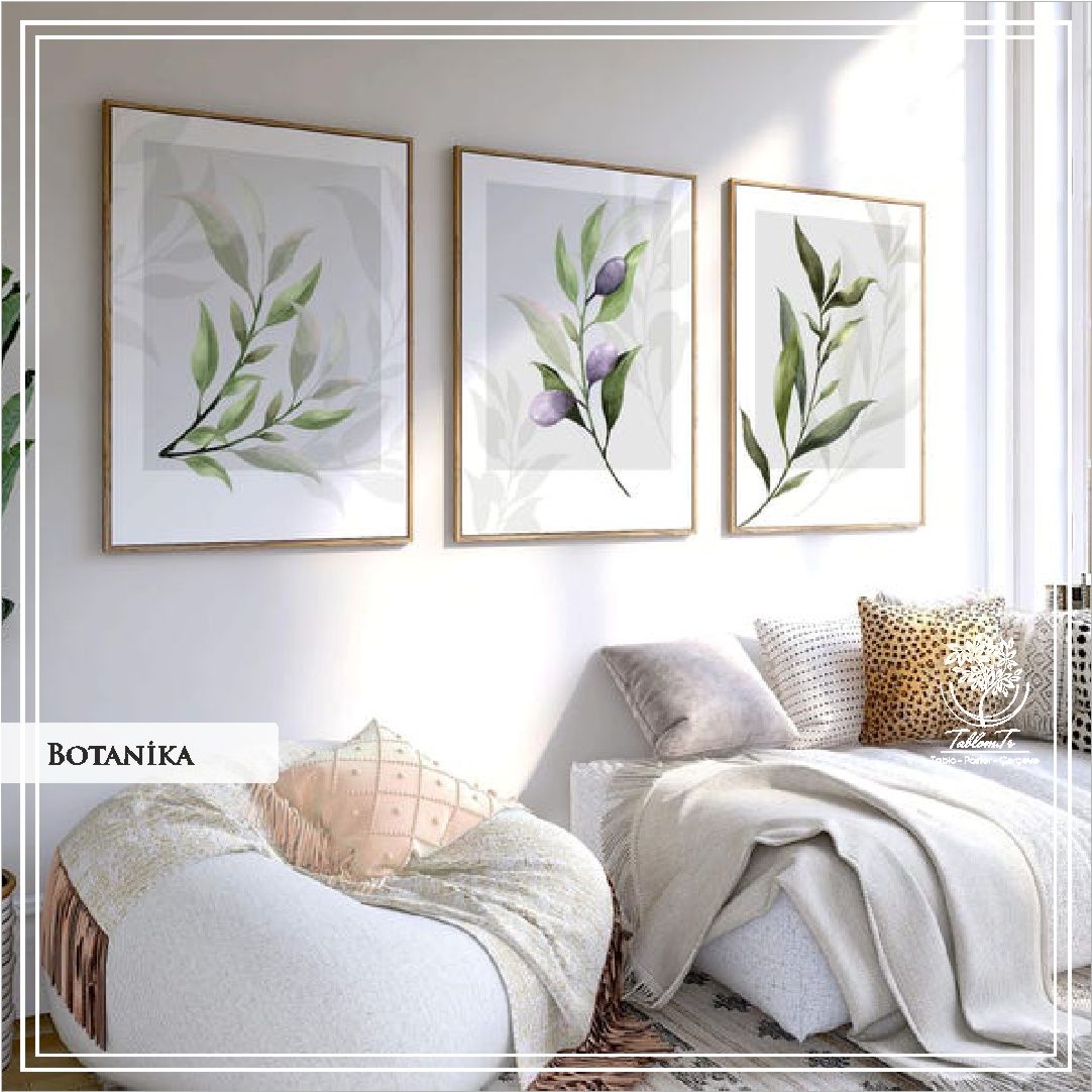 Metal Çerçeveli Camlı Botanika 3'LÜ Dekoratif Tablo Seti Gold - 50x70 CM