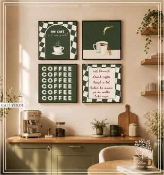 Metal Çerçeveli Camlı 4'lü Dekoratif Tablo Seti - Cafe Verde