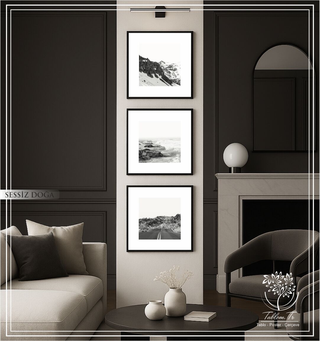 Metal Çerçeveli Camlı 3'lü Dekoratif Tablo Seti - Sessiz Doğa