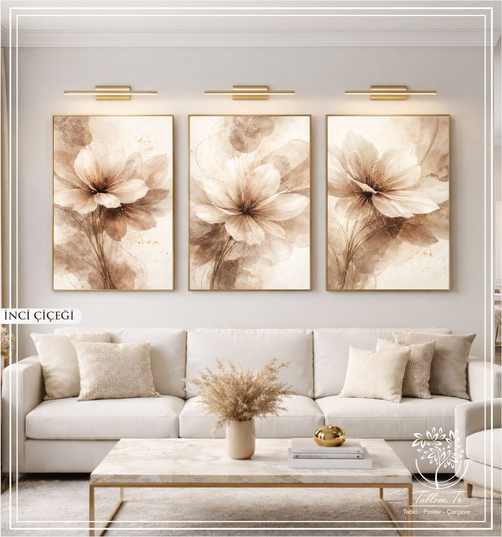 Dijital Baskılı Metal Çerçeveli Camlı Üçlü Dekoratif Tablo - İnci Çiçeği