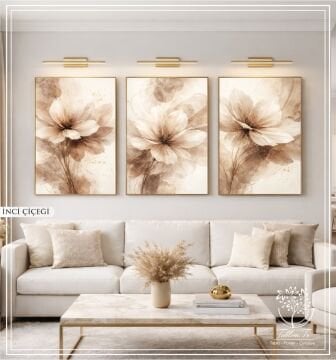 Dijital Baskılı Metal Çerçeveli Camlı Üçlü Dekoratif Tablo - İnci Çiçeği