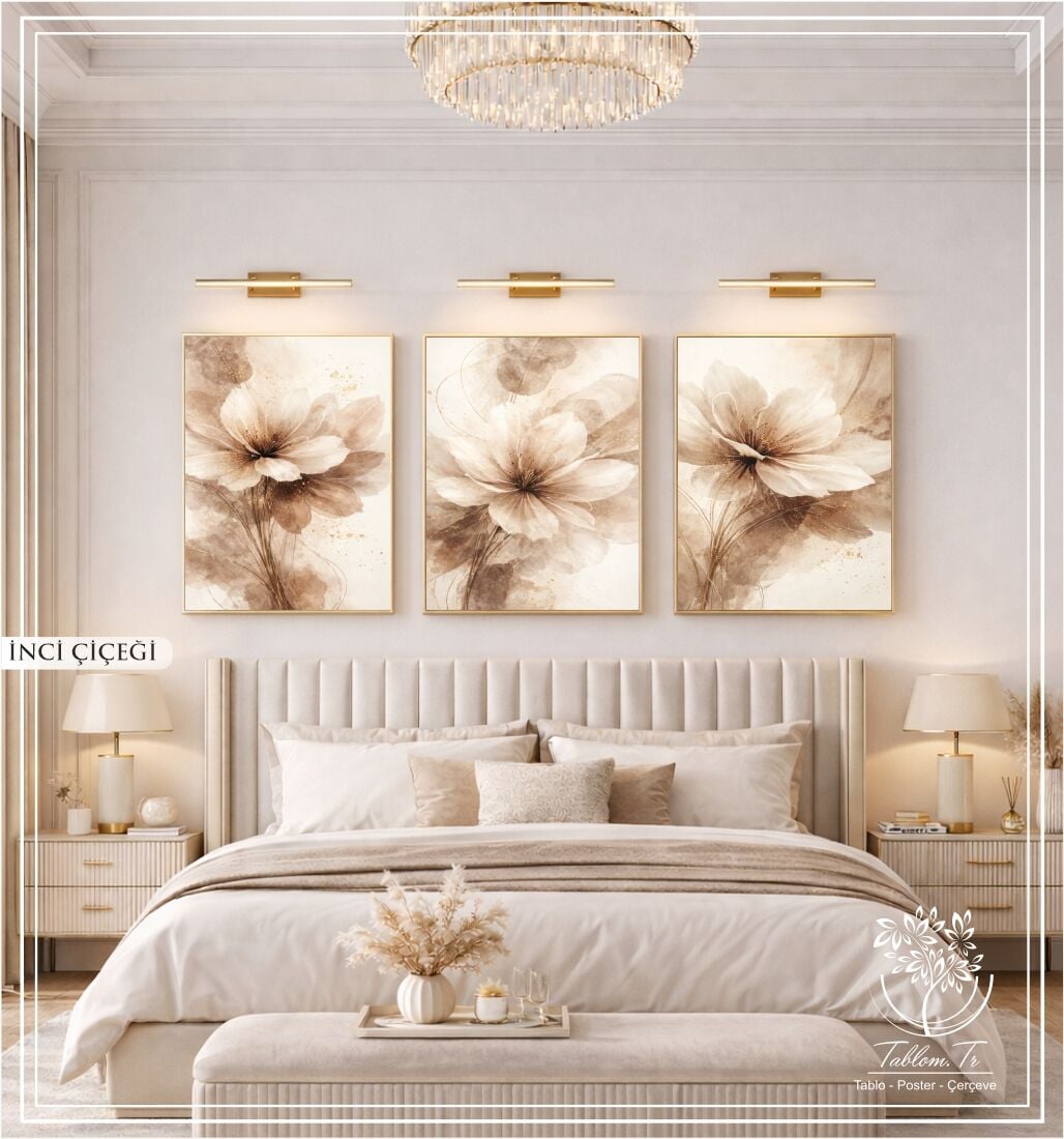 Dijital Baskılı Metal Çerçeveli Camlı Üçlü Dekoratif Tablo - İnci Çiçeği