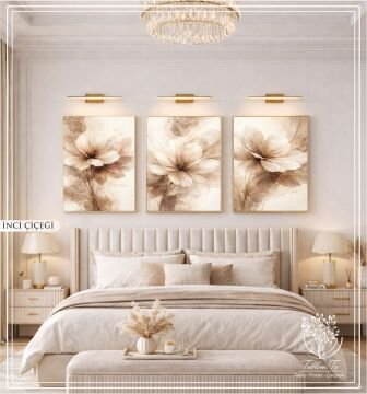 Dijital Baskılı Metal Çerçeveli Camlı Üçlü Dekoratif Tablo - İnci Çiçeği