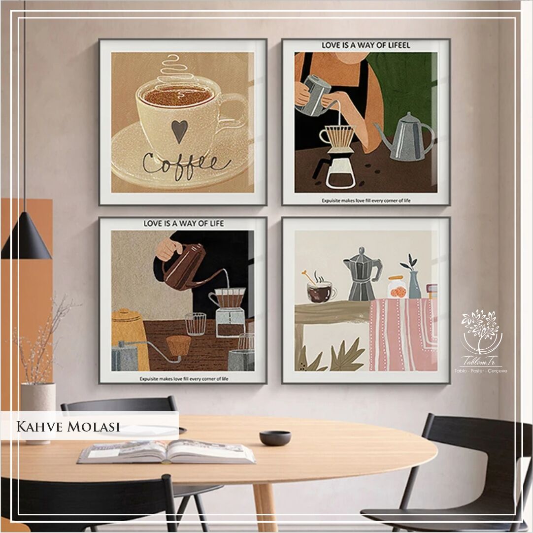 Metal Çerçeveli Camlı 4'lü Dekoratif Tablo Seti - Kahve Molası