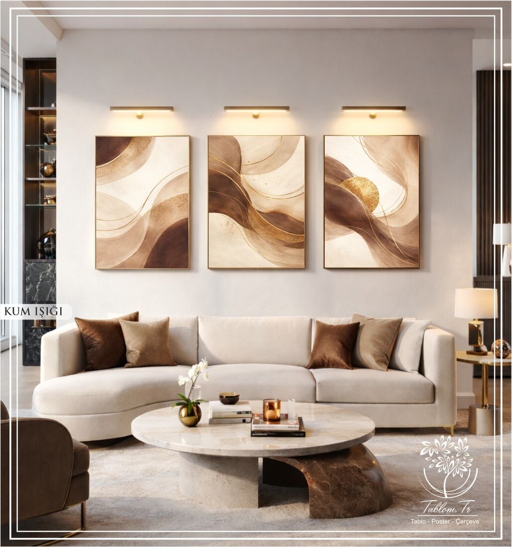 Dijital Baskılı Metal Çerçeveli Camlı Üçlü Dekoratif Tablo - Kum Işığı