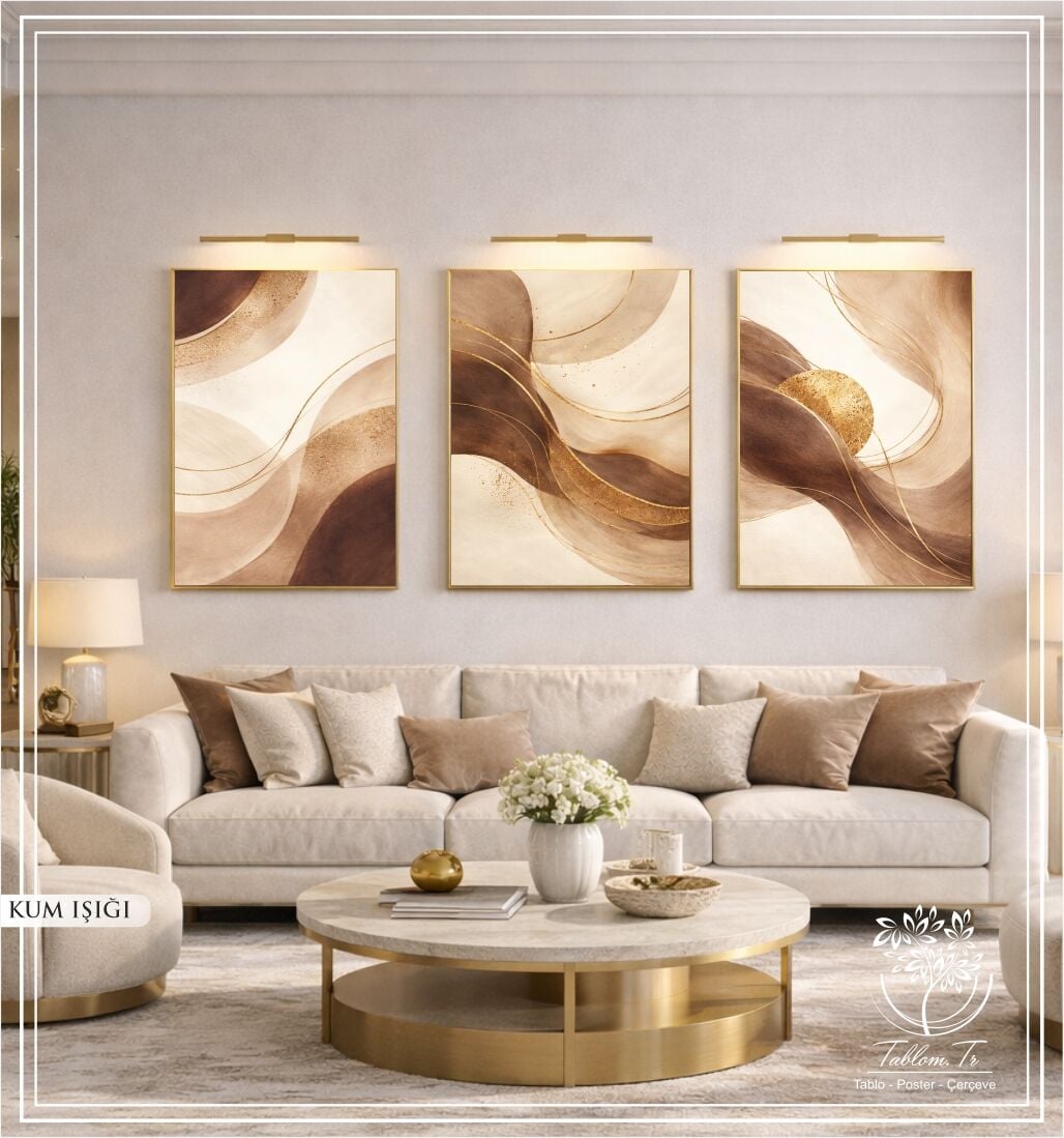 Dijital Baskılı Metal Çerçeveli Camlı Üçlü Dekoratif Tablo - Kum Işığı