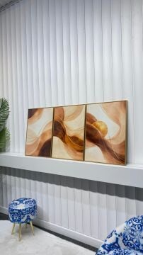 Dijital Baskılı Metal Çerçeveli Camlı Üçlü Dekoratif Tablo - Kum Işığı