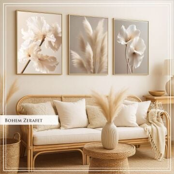 Dijital Baskılı Metal Çerçeveli Camlı 3'lü Dekoratif Tablo - Bohem Zerafet
