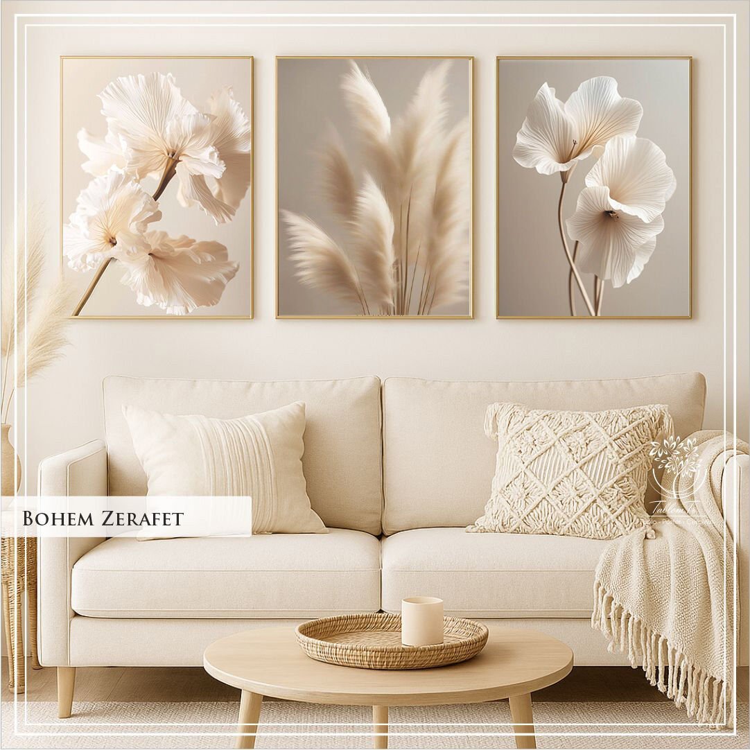 Dijital Baskılı Metal Çerçeveli Camlı 3'lü Dekoratif Tablo - Bohem Zerafet