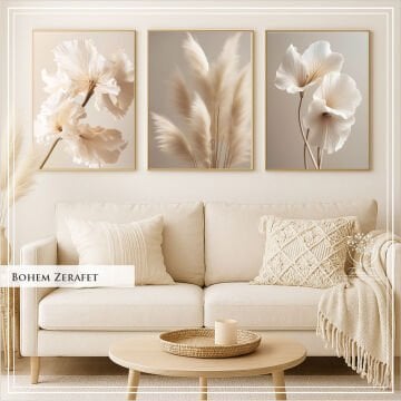 Dijital Baskılı Metal Çerçeveli Camlı 3'lü Dekoratif Tablo - Bohem Zerafet
