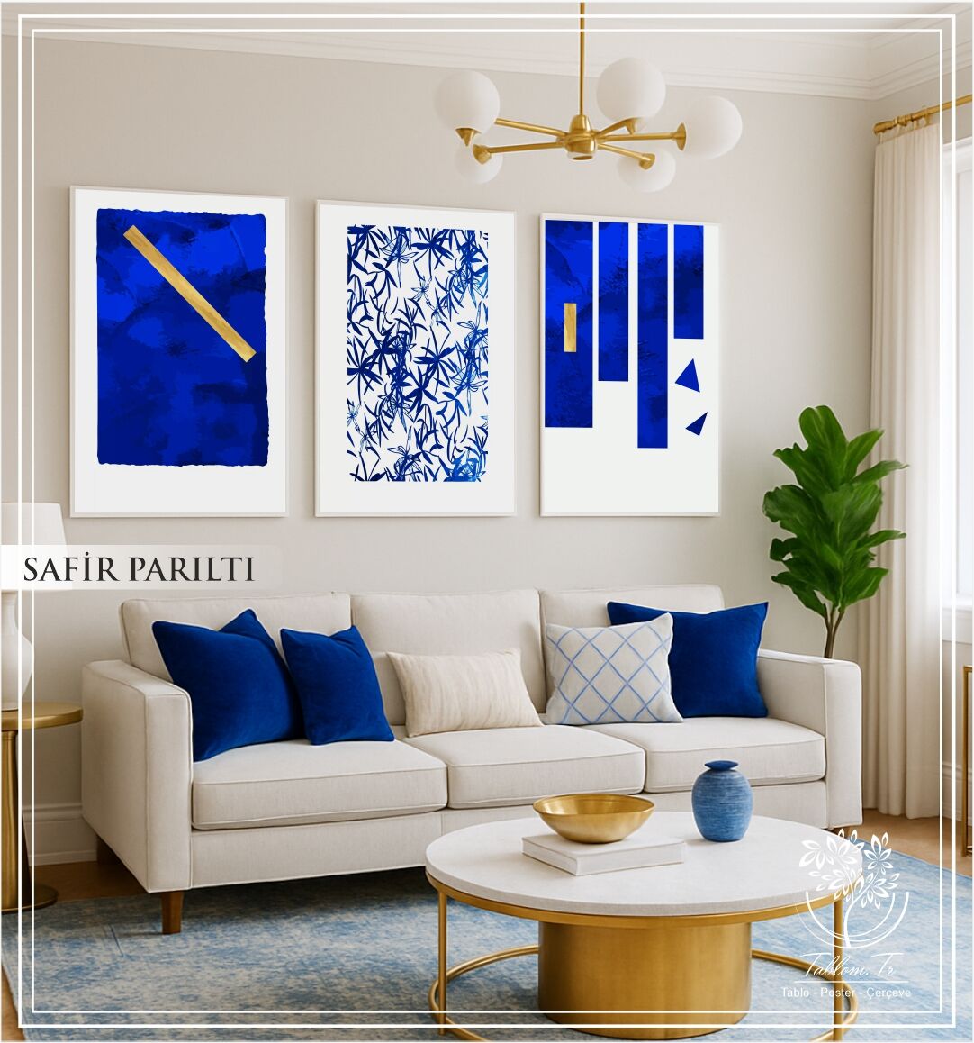 Dijital Baskılı Metal Çerçeveli Camlı Üçlü Dekoratif Tablo - Safir Parıltı