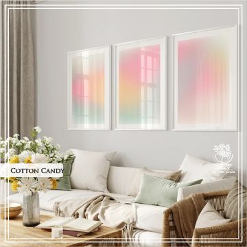 Metal Çerçeveli Camlı Cotton Candy 3'LÜ Dekoratif Tablo Seti