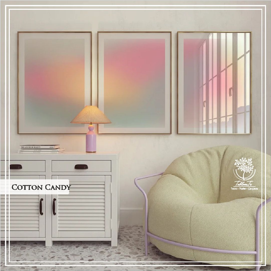 Metal Çerçeveli Camlı Cotton Candy 3'LÜ Dekoratif Tablo Seti