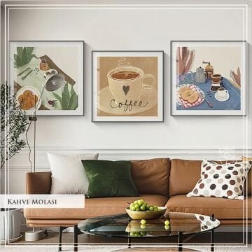 Metal Çerçeveli Gercek Camlı 3'lü Tablo - Kahve Molası Model B