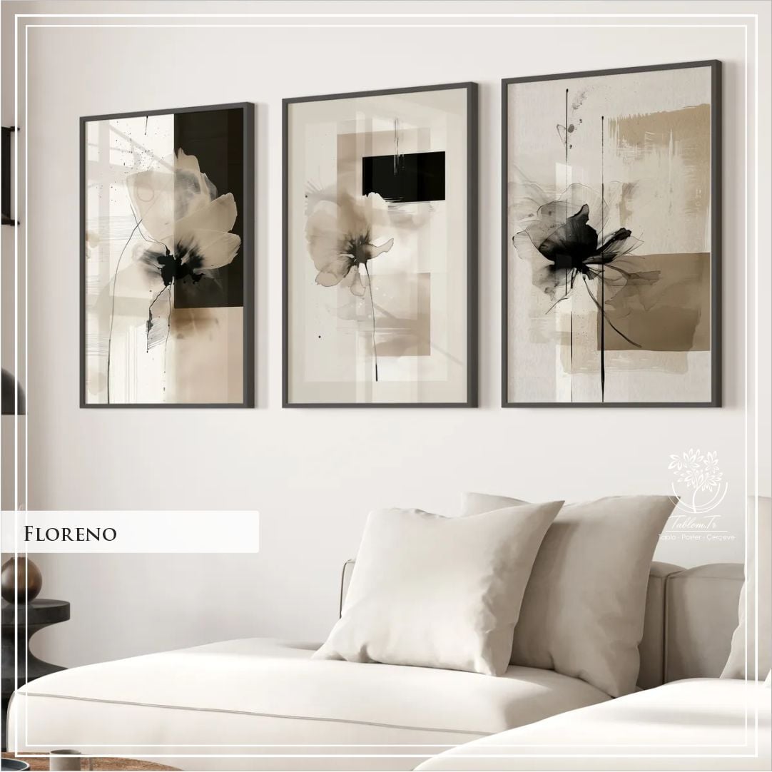 Dijital Baskılı Metal Çerçeveli Camlı 3'lü Dekoratif Tablo - Floreno