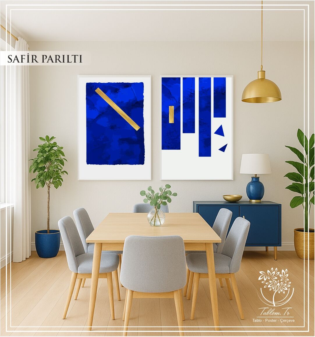 Dijital Baskılı Metal Çerçeveli Camlı İkili Dekoratif Tablo - Safir Parıltı