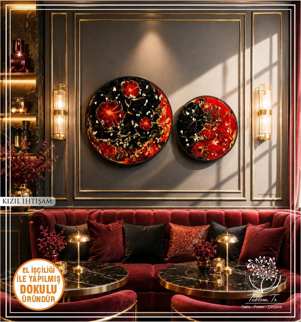 Metal Çerçeveli 3 Boyutlu İkili Yuvarlak 40/50 CM Tablo - Kızıl İhtişam