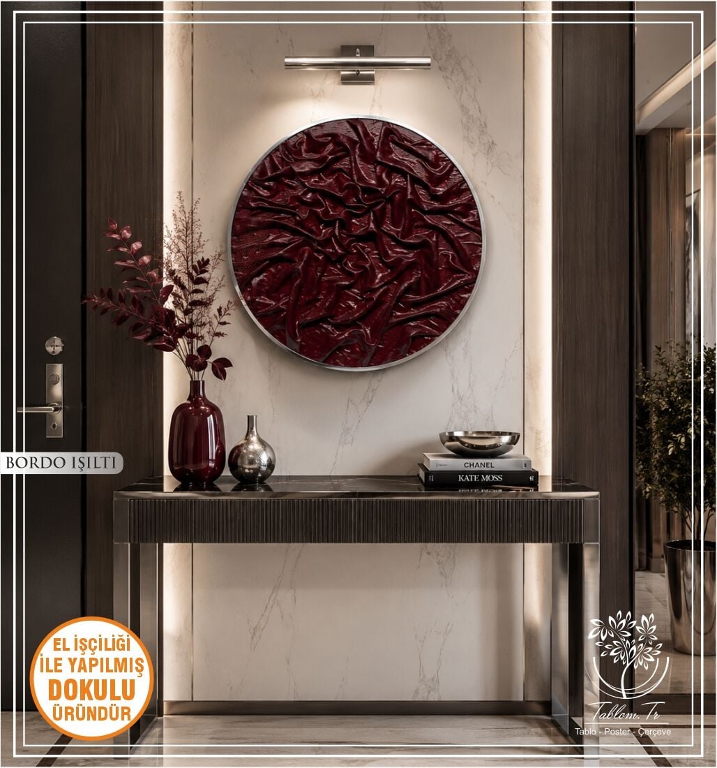 Metal Çerçeveli 3 Boyutlu Yuvarlak 70 CM Tablo - Bordo Işıltı