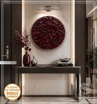 Metal Çerçeveli 3 Boyutlu Yuvarlak 70 CM Tablo - Bordo Işıltı