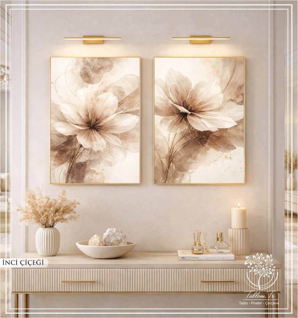 Dijital Baskılı Metal Çerçeveli Camlı İkili Dekoratif Tablo - İnci Çiçeği