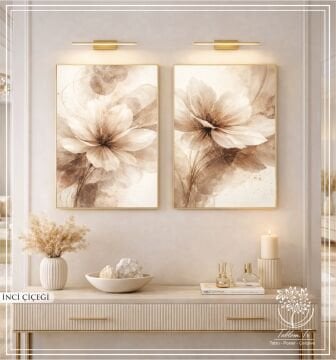 Dijital Baskılı Metal Çerçeveli Camlı İkili Dekoratif Tablo - İnci Çiçeği
