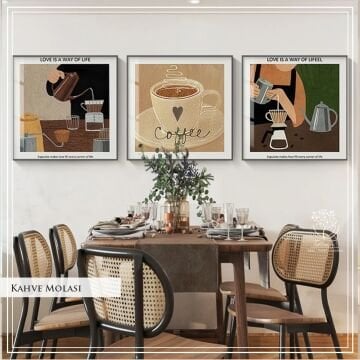 Metal Çerçeveli Gercek Camlı 3'lü Tablo - Kahve Molası Model A