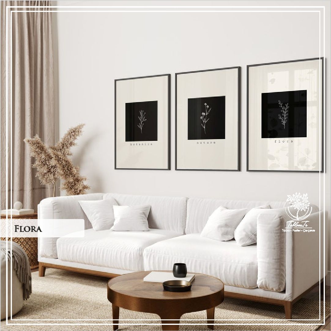 Metal Çerçeveli Camlı Flora 3'LÜ Dekoratif Tablo Seti