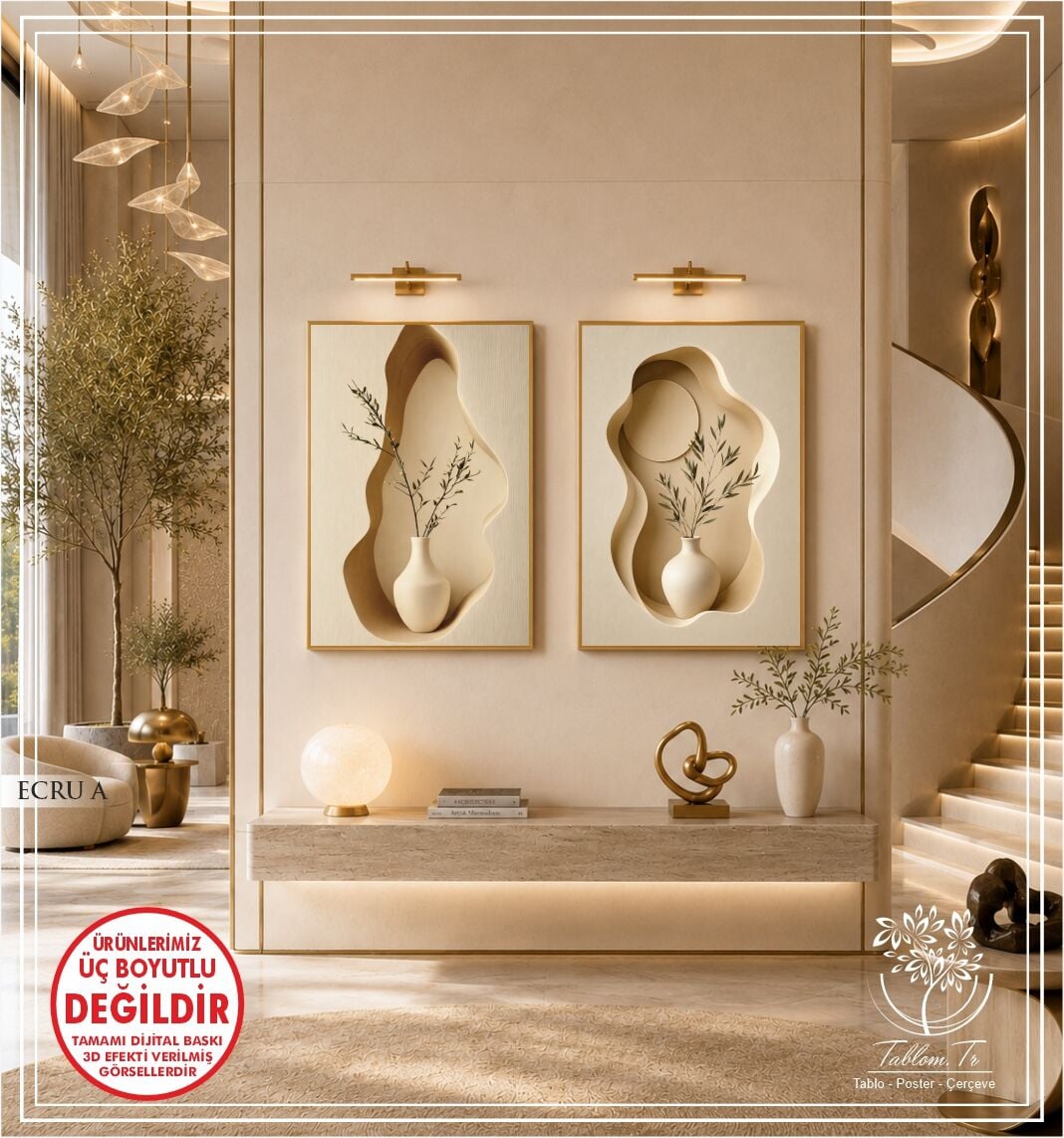 Dijital Baskılı Metal Çerçeveli Camlı İkili Dekoratif Tablo - Ecru