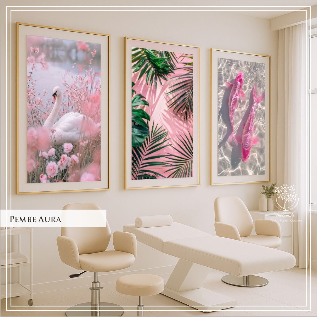 Dijital Baskılı Metal Çerçeveli Camlı 3'lü Dekoratif Tablo - Pembe Aura