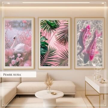 Dijital Baskılı Metal Çerçeveli Camlı 3'lü Dekoratif Tablo - Pembe Aura