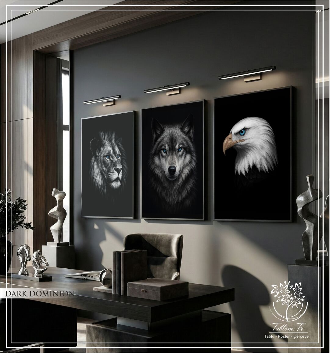 Dijital Baskılı Metal Çerçeveli Camlı Üçlü Dekoratif Tablo - Dark Dominion