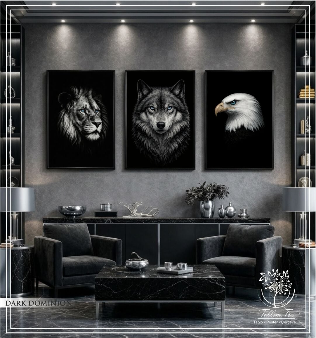 Dijital Baskılı Metal Çerçeveli Camlı Üçlü Dekoratif Tablo - Dark Dominion